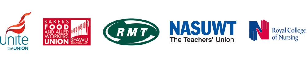 Logos for unions: Unite, BFAWU, RMT, NASUWT and RCN